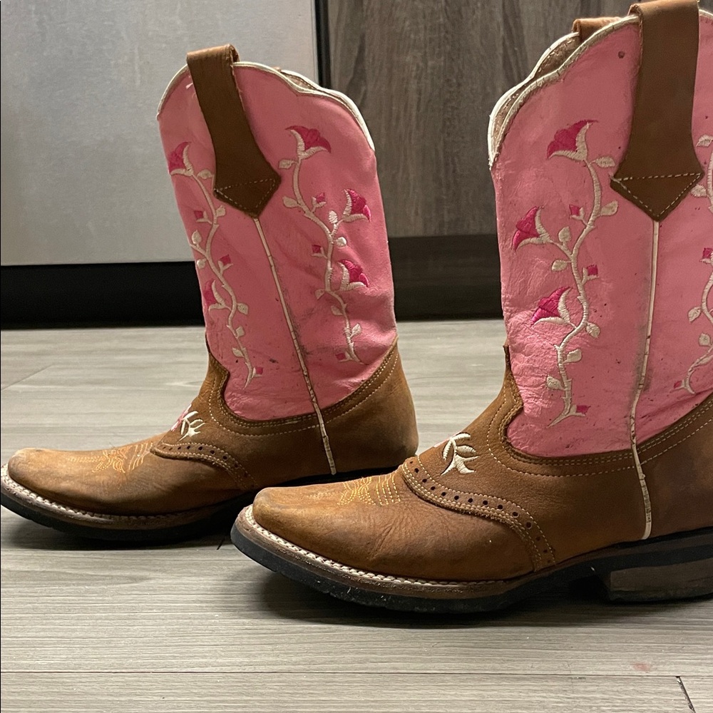 Pink and Brown Embroidered Heeled Boots